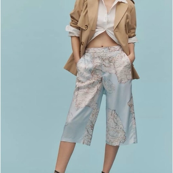 Mauve Anthropology Light Blue Map-Print Wide Leg Pants NWT SIZE 4 TALL - Picture 2 of 4